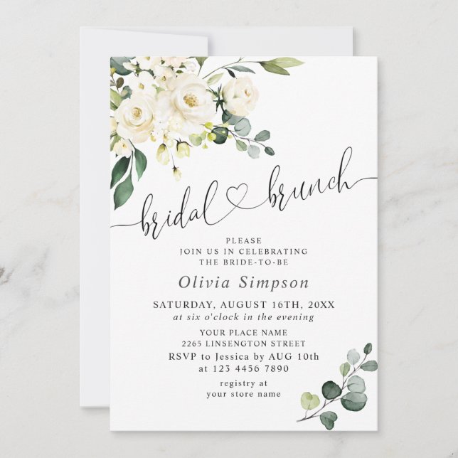 Invitación Elegante Eucalyptus White Roses Bridal Brunch (Anverso)