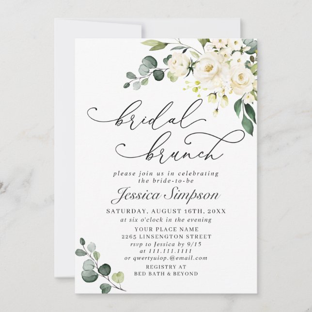 Invitación Elegante Eucalyptus White Roses Bridal Brunch (Anverso)