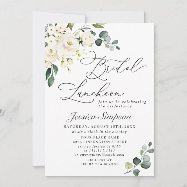 Invitación Elegante Eucalyptus White Roses Bridal Luncheon (Anverso)