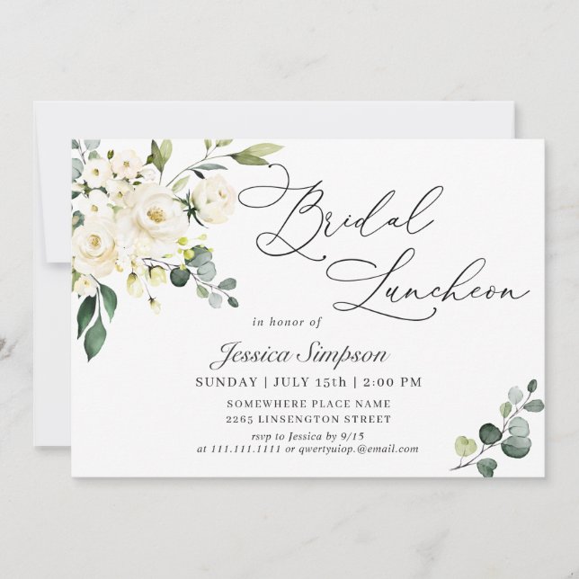 Invitación Elegante Eucalyptus White Roses Bridal Luncheon (Anverso)