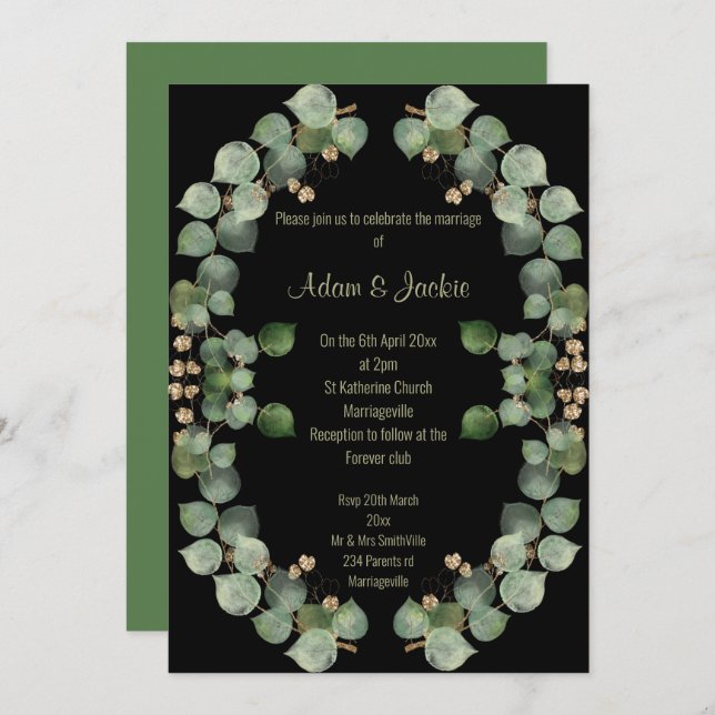 Invitación Elegante Eucalyptus Wreath Boda Negro (Anverso / Reverso)