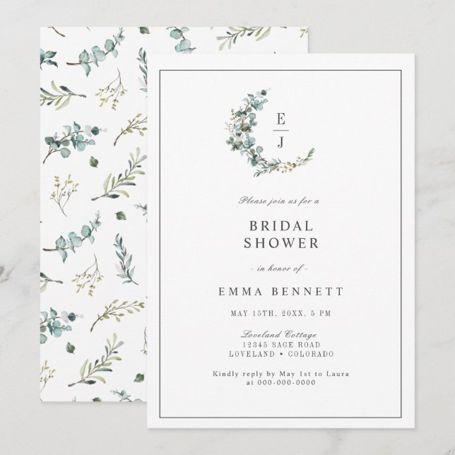 Invitación Elegante Eucalyptus Wreath Monograma Bridal Shower (Anverso / Reverso)