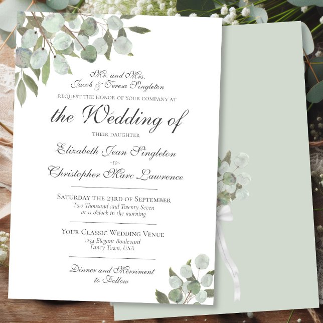 Invitación Elegante Eucalyptus y Greenery Boda formal (Front/Back)