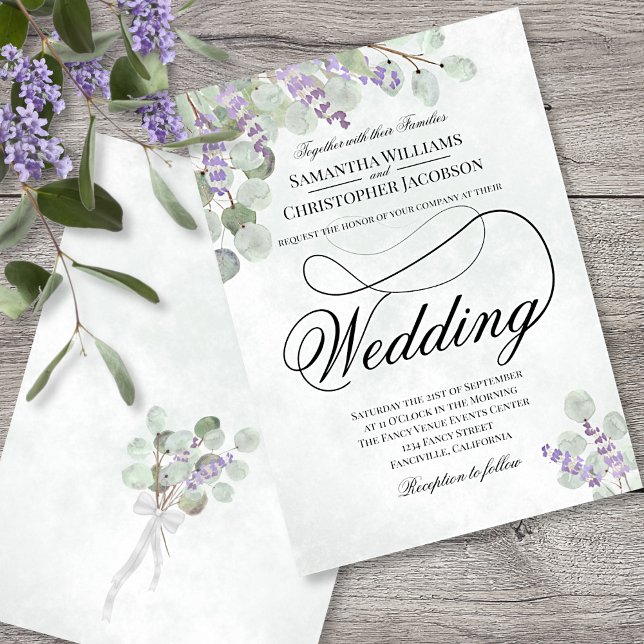Invitación Elegante Eucalyptus y Lavender Sage Green Boda (Front and Back)