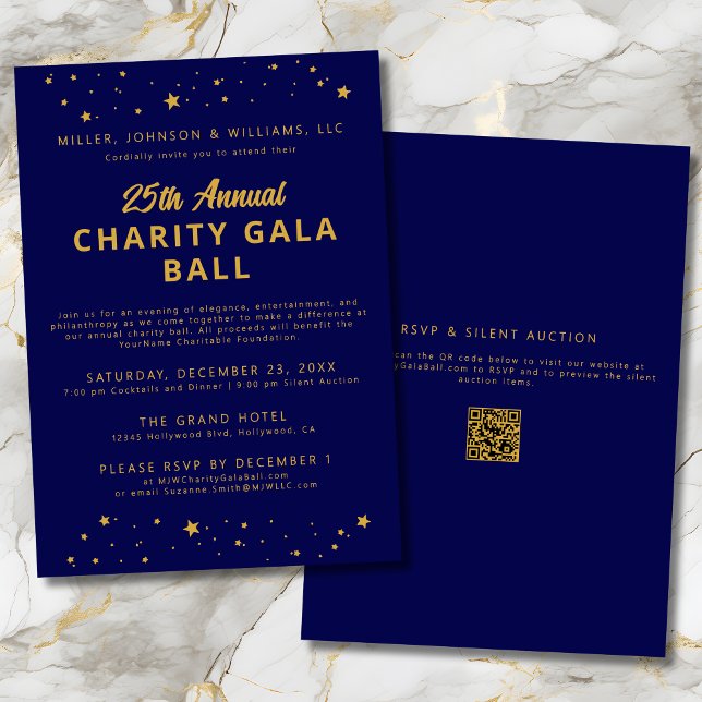 Invitación Elegante evento anual de gala de caridad oro azul (Subido por el creador)