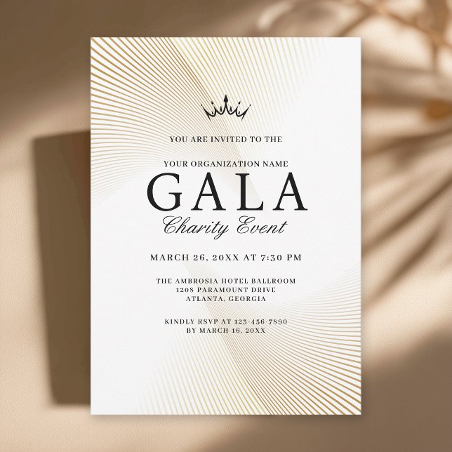 Invitación Elegante evento de caridad de oro y gala blanca (Available in both printed and instant download digital formats.)