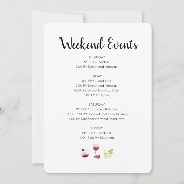 Invitación Elegante evento de fin de semana Itinerario (Anverso)