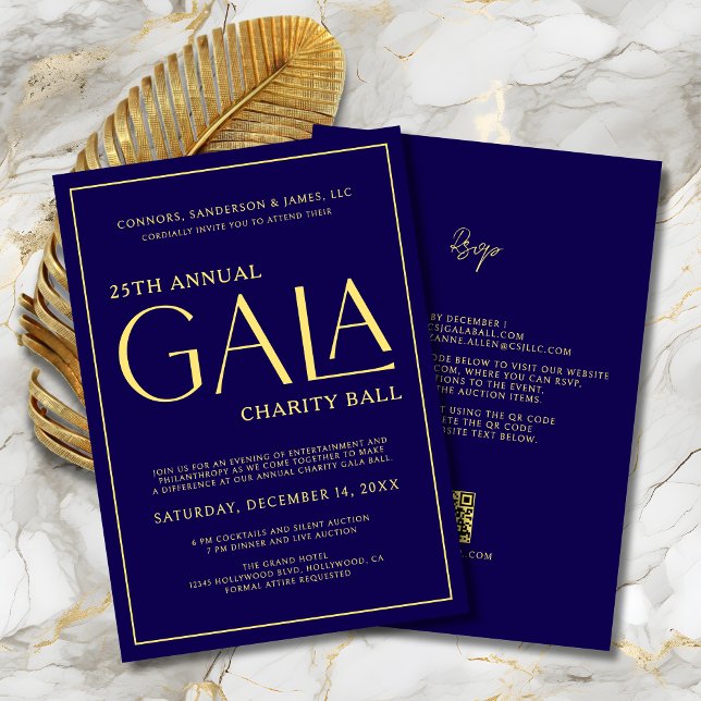 Invitación Elegante evento de gala recaudación de fondos de c (Elegant Gala Event Charity Fundraiser Blue and Gold Invitation with QR Code, RSVP on Back.
)