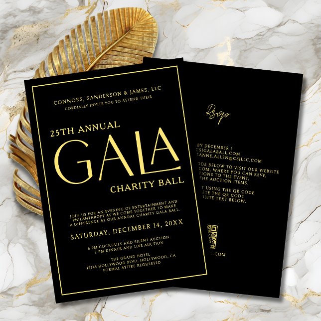 Invitación Elegante evento de gala recaudación de fondos de c (Elegant Gala Event Charity Fundraiser Black and Gold Invitation with QR Code and RSVP on Back.
)