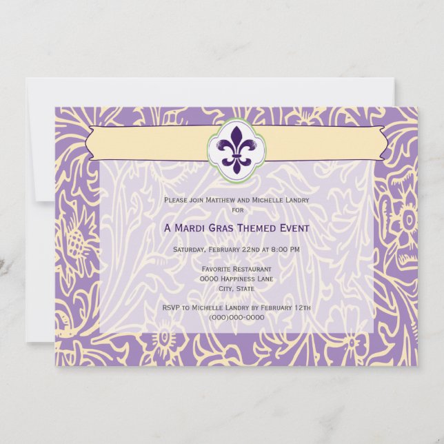 Invitación Elegante evento de Mardi Gras Fleur de Lis (Anverso)