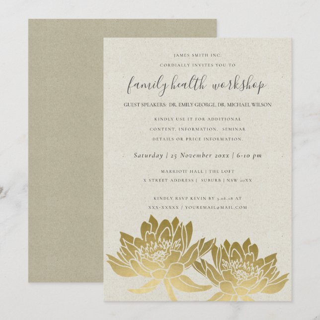 INVITACIÓN ELEGANTE EVENTO DEL TALLER DE FAUX GOLD LOTUS KRAF (Anverso / Reverso)