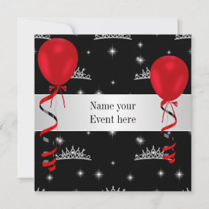 Invitación Elegante evento especial Tiara Black Red Balloons
