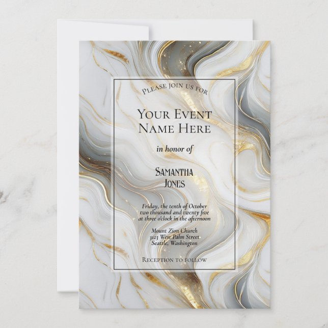 Invitación Elegante evento Faux Gold, Gray and White Marble (Anverso)