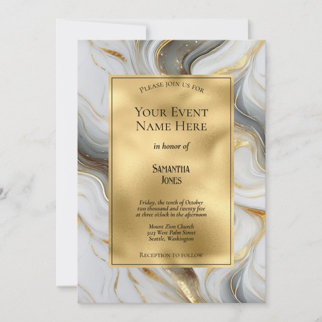 Invitación Elegante evento Faux Gold, Gray and White Marble (Anverso)