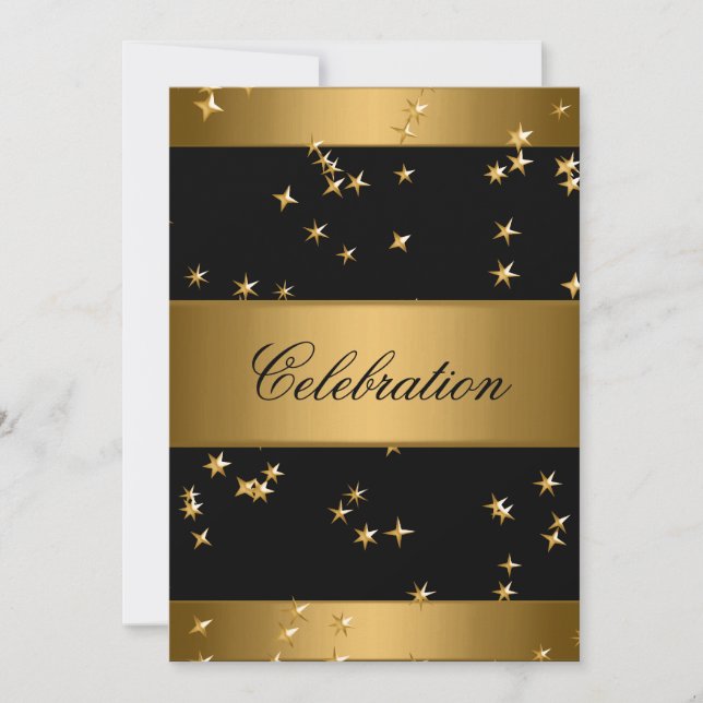 Invitación Elegante evento negro de estrellas Metalizado de o (Anverso)