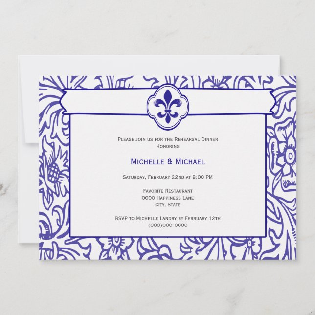 Invitación Elegante evento Purple White Fleur de Lis (Anverso)