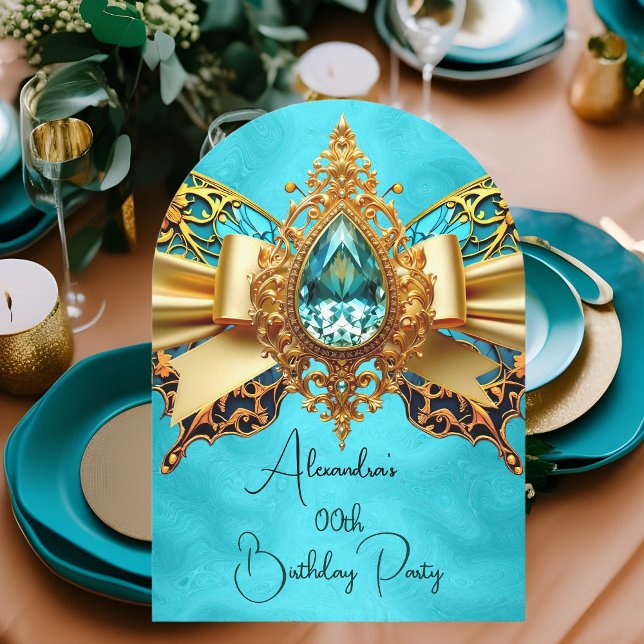 Invitación Elegante Exótico Cumpleaños Turquesa Oro Joya Mari (Subido por el creador)