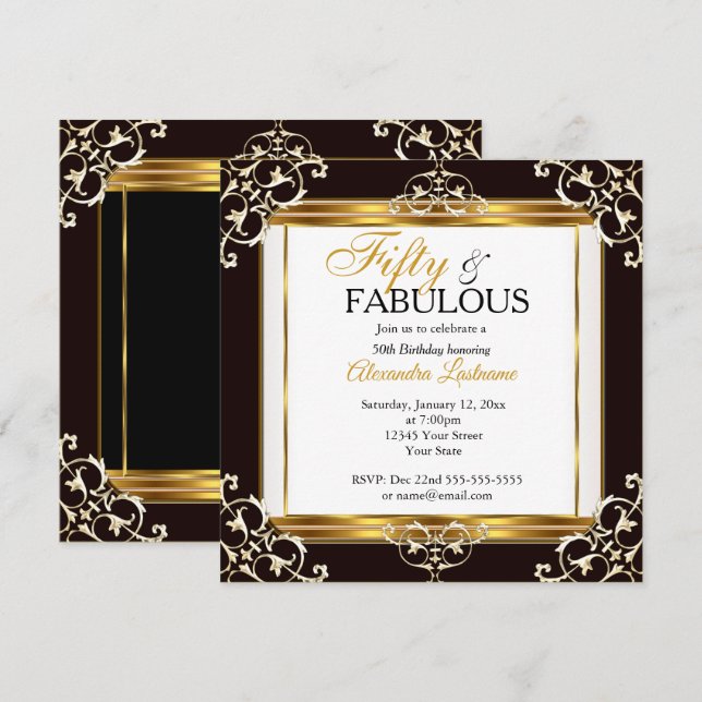 Invitación Elegante Fabulous Gold Black White 50 cumpleaños (Anverso / Reverso)