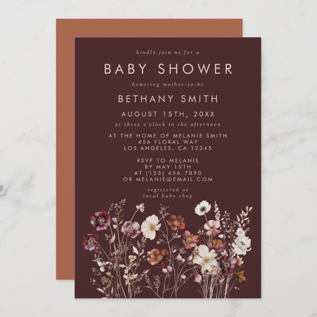 Invitación Elegante Fall Brown Floral Baby Shower (Anverso / Reverso)