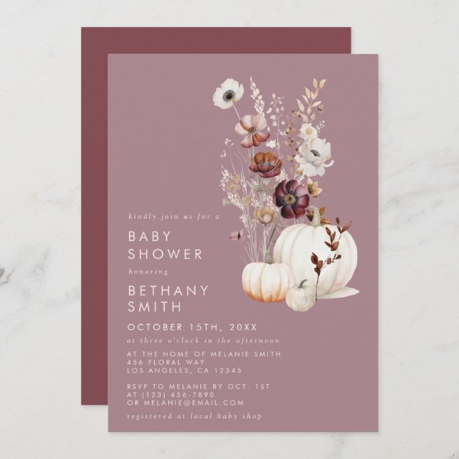 Invitación Elegante Fall Floral Pumpkin Baby Shower (Anverso / Reverso)