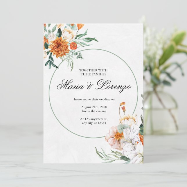 Invitación Elegante Fall Floral Wedding Watercolor (Anverso de pie)