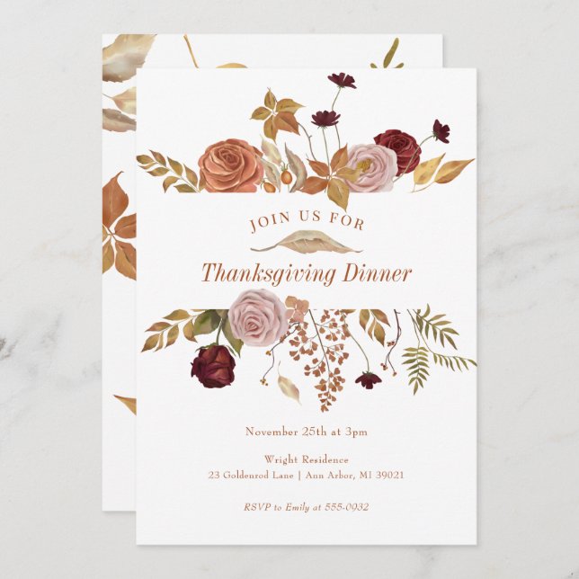 Invitación Elegante Fall Floral Woodland Acción de Gracias (Anverso / Reverso)