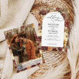 Invitación Elegante Fall Wildflowers Código QR Boda de fotogr