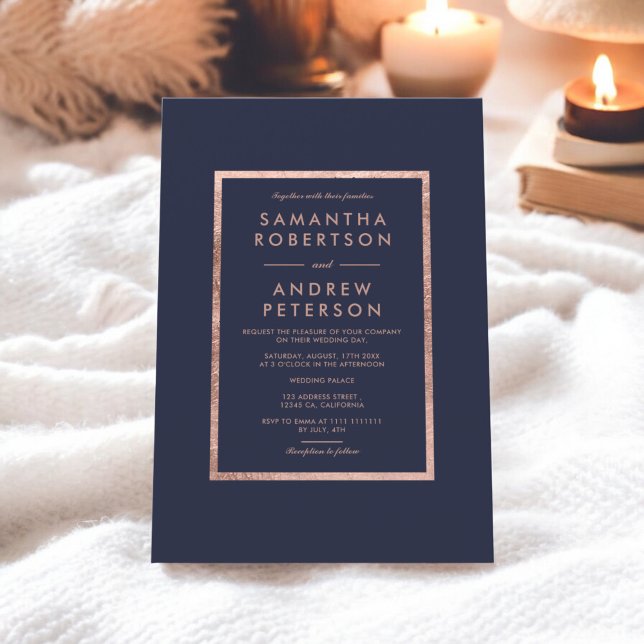 Invitación Elegante falso rosa marco dorado boda azul marino (Elegant faux rose gold frame navy blue wedding invitation)