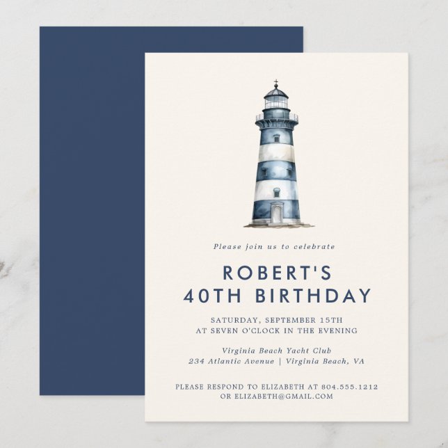 Invitación Elegante Faro Costero Fiesta de Cumpleaños para Ad (Anverso / Reverso)