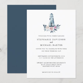 Invitación Elegante Faro Floral de color de agua Náutico