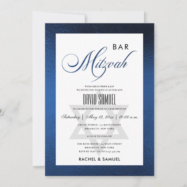 INVITACIÓN ELEGANTE FAUX AZUL SIMPLE BAR MITZVAH (Anverso)