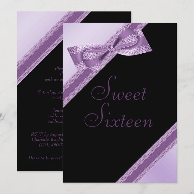 Invitación Elegante Faux Bow & Ribbon Sweet 16 Cumpleaños (Anverso / Reverso)