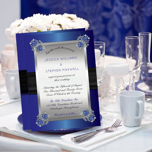 Invitación Elegante Faux Diamonds Sapphire Clasps Boda Azul (Subido por el creador)