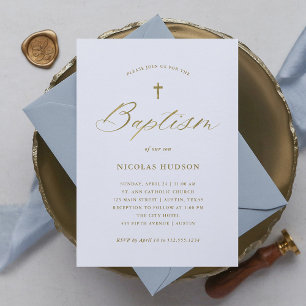 Invitación Elegante Faux Gold Calligraphy and Cross   Bautism
