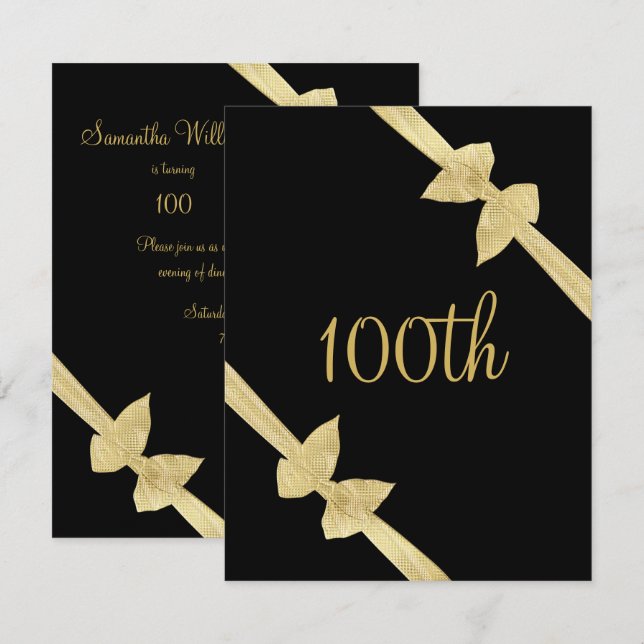 Invitación Elegante Faux Gold cumple 100 años (Anverso / Reverso)
