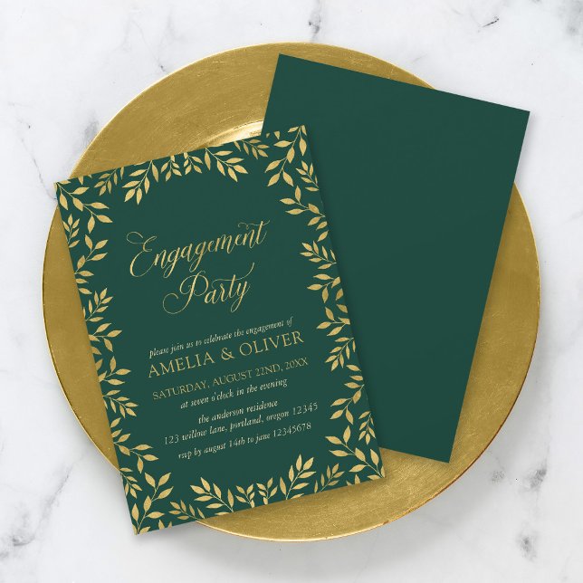 Invitación Elegante Faux Gold deja la fiesta de compromiso (Subido por el creador)
