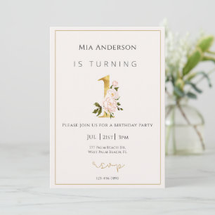 Invitación Elegante Faux Gold Floral Minimal 1er cumpleaños