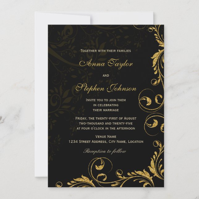 Invitación Elegante Faux Gold Purpurina Floral Swirls (Anverso)
