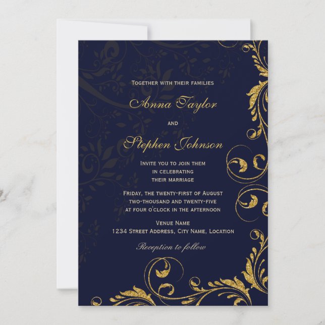 Invitación Elegante Faux Gold Purpurina Floral Swirls Marina  (Anverso)