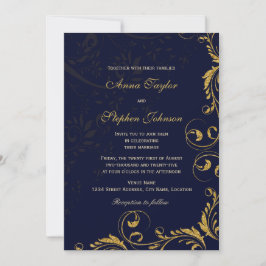 Invitación Elegante Faux Gold Purpurina Floral Swirls Marina