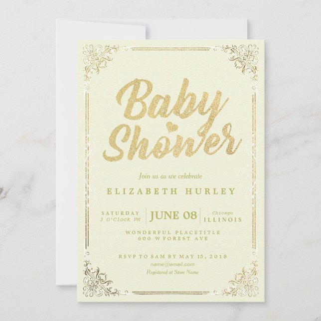 Invitación Elegante Faux Gold Script Floral Frame Baby Shower (Anverso)
