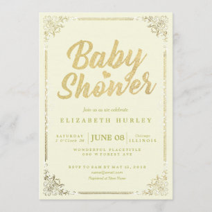 Invitación Elegante Faux Gold Script Floral Frame Baby Shower