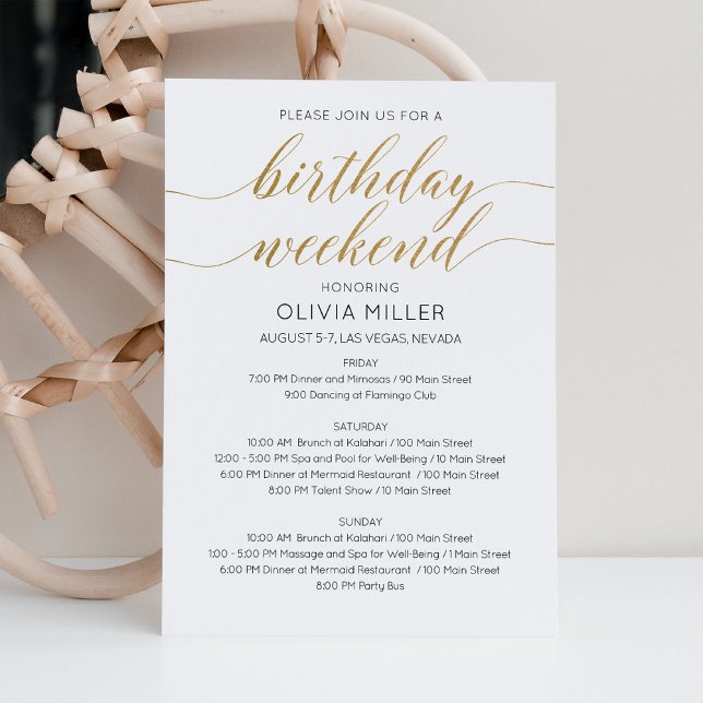 Invitación Elegante Faux Gold Weekend Cumpleaños Itinerario (Subido por el creador)