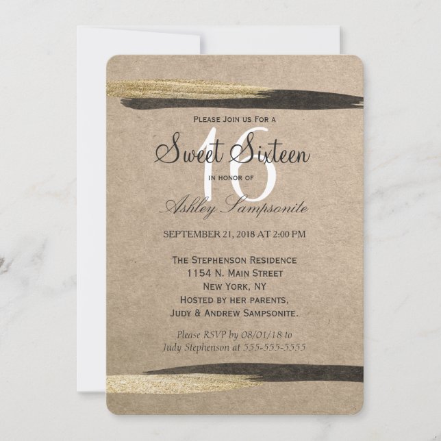 Invitación Elegante Faux Gold y Black Paint Strokes (Anverso)