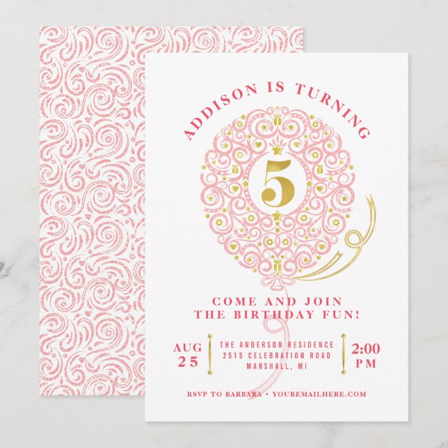 Invitación Elegante Faux Relieve metalizado Lacy Balloon Fies (Anverso / Reverso)