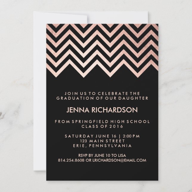 Invitación Elegante Faux Rosa Gold Chevron Graduación (Anverso)