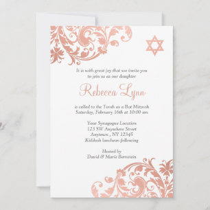 Invitación Elegante Faux Rosa Gold Flourish Bat Mitzvah Invit