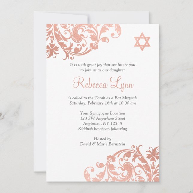 Invitación Elegante Faux Rosa Gold Flourish Bat Mitzvah Invit (Anverso)