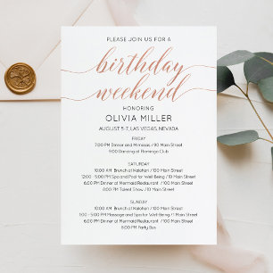 Invitación Elegante Faux Rosa Gold Weekend Cumpleaños Itinera