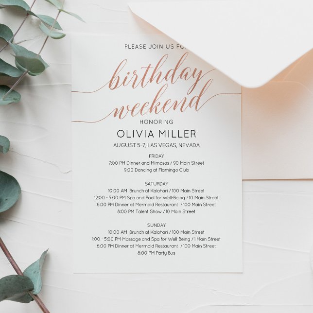 Invitación Elegante Faux Rosa Gold Weekend Cumpleaños Itinera (Subido por el creador)